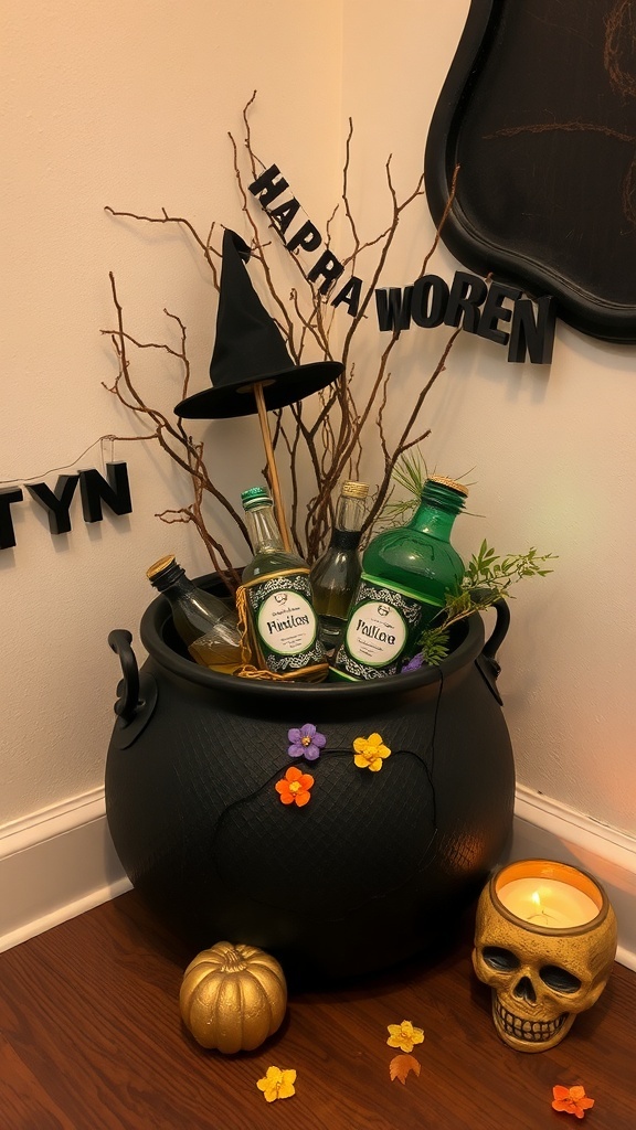 A black cauldron filled with bottles, a witch hat, twigs, flowers, a golden pumpkin, and a skull candle, creating a Halloween-themed display.