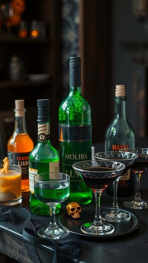 A Halloween drink station featuring colorful potions and elegant glasses.