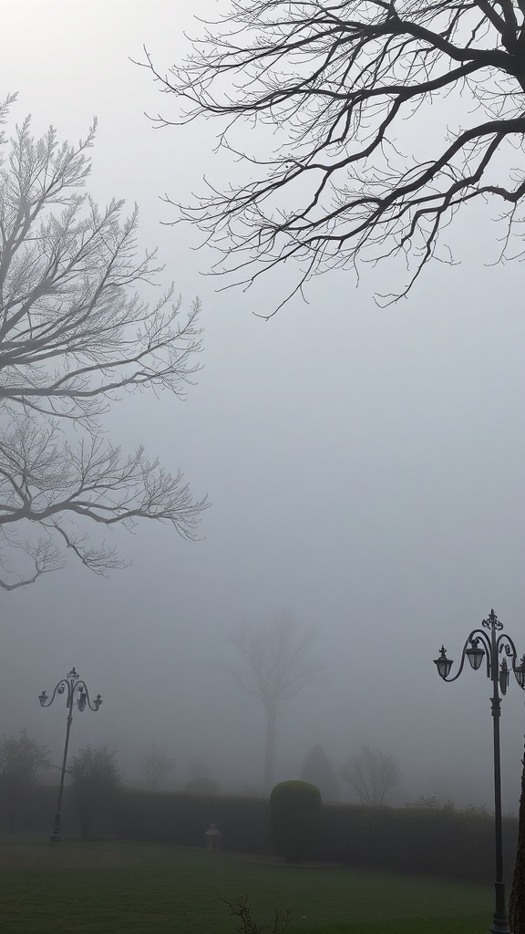 A foggy garden with bare trees and street lamps, creating a mysterious atmosphere.