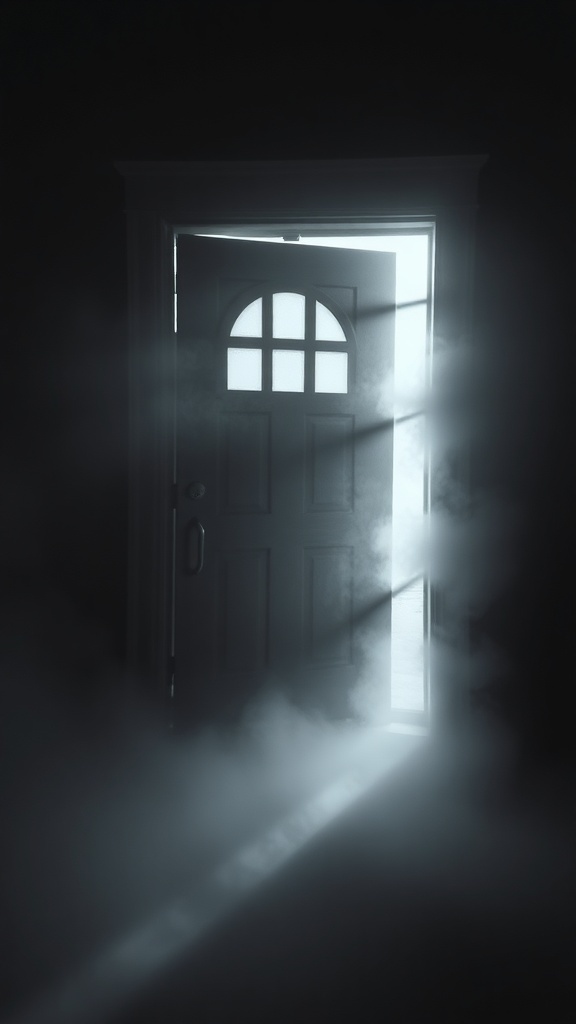 A dark doorway with fog swirling around it, creating a mysterious atmosphere.