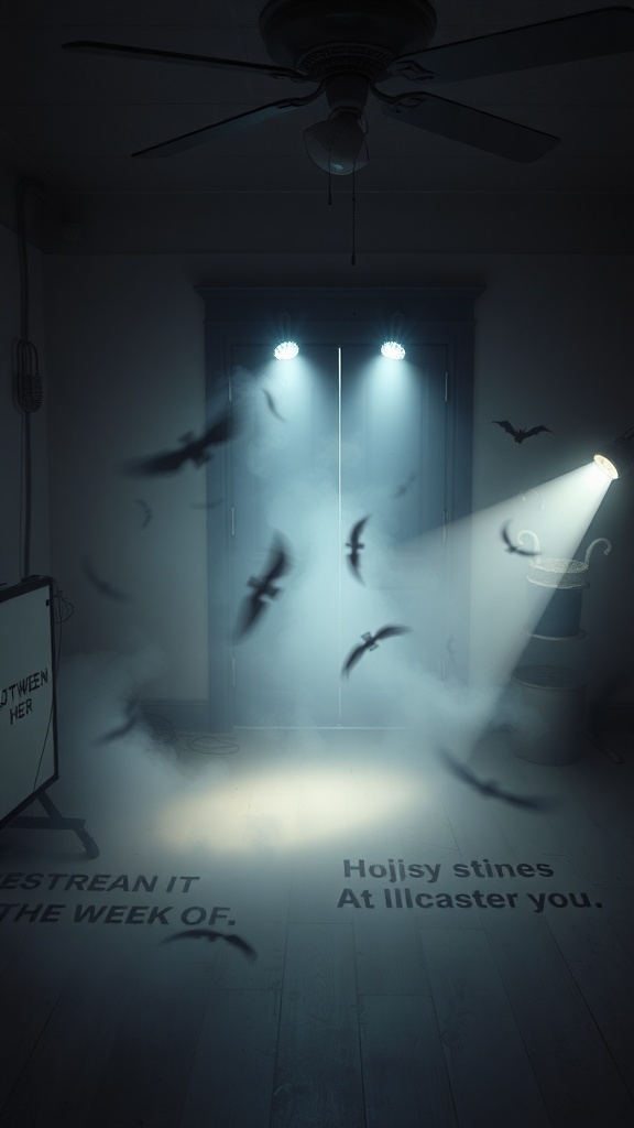 A dimly lit room with fog and beams of light, creating a spooky atmosphere for Halloween decorations.