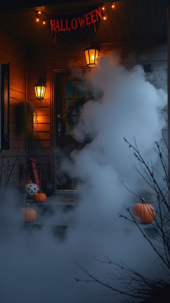 A Halloween-themed front porch with fog, pumpkins, and lanterns.