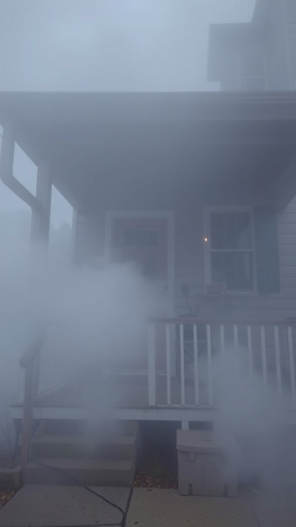 A house surrounded by fog, creating a spooky Halloween atmosphere.