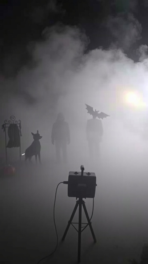 Fog machine surrounded by fog with figures in Halloween costumes