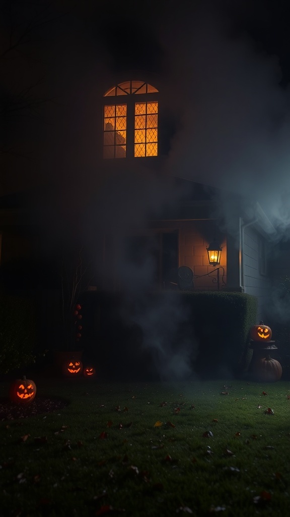 A Halloween yard display featuring a fog machine, glowing jack-o'-lanterns, and a house with a lit window.