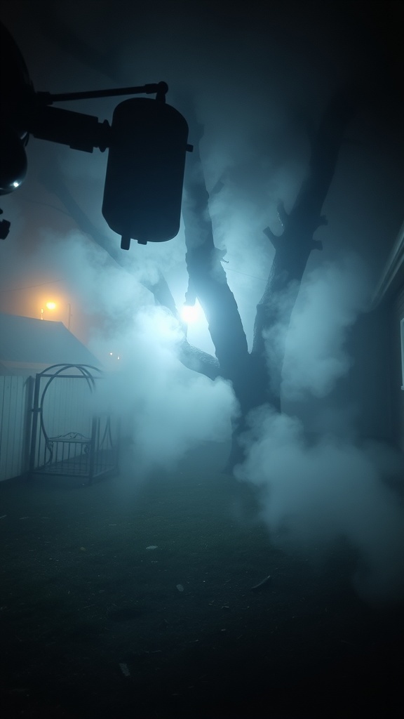 Fog machine releasing mist in a dark yard with a tree and lights