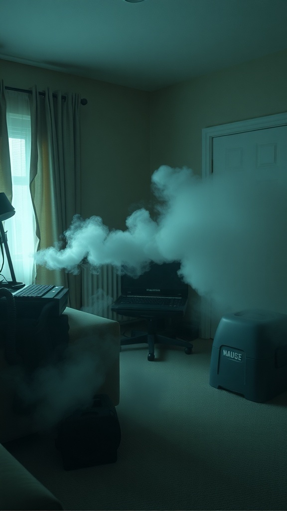 A fog machine creating mist in a room, enhancing Halloween decor.