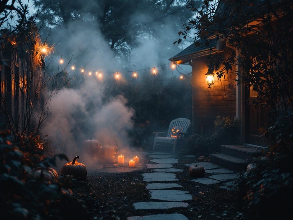 A spooky Halloween scene with fog, pumpkins, and warm lights