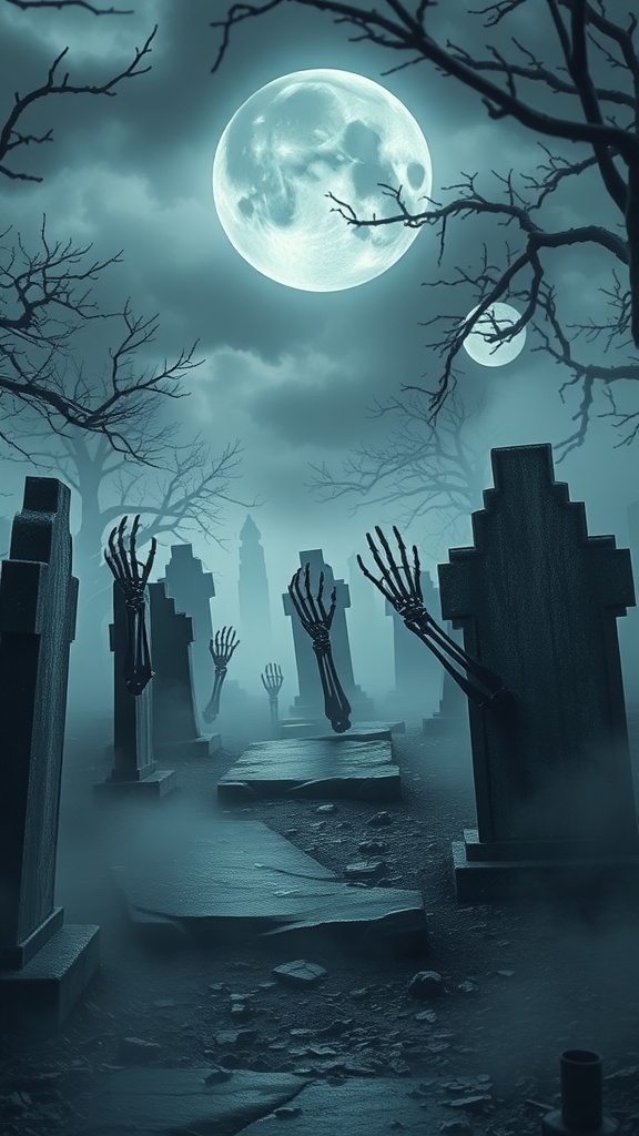 A spooky graveyard scene with a skeleton emerging from the ground, surrounded by tombstones and fog.