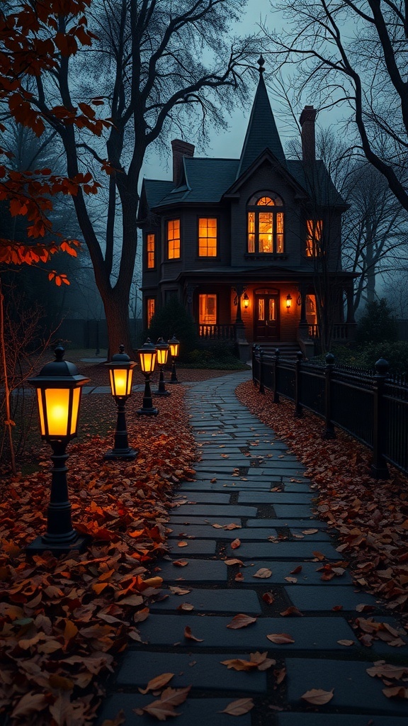 A pathway lined with glowing lanterns leading to a house, surrounded by autumn leaves and trees.