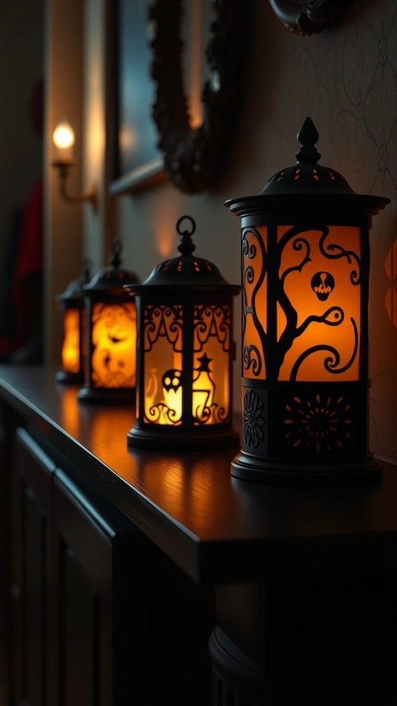 A collection of Halloween-themed lanterns glowing softly on a mantle, featuring intricate designs.