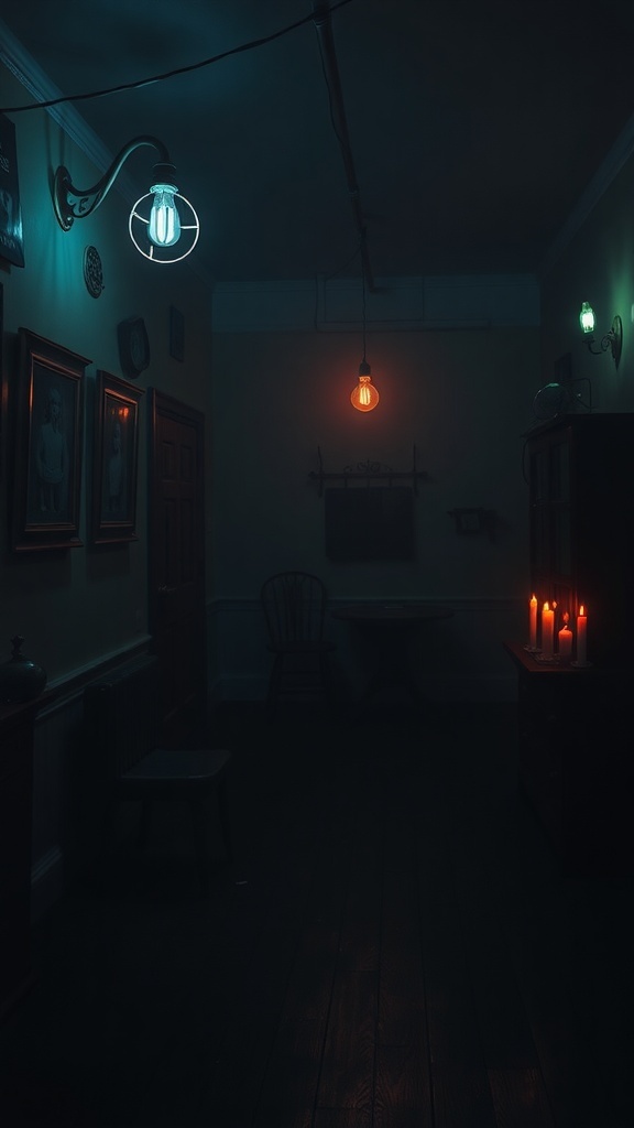 A dimly lit hallway with colorful lights and candles, creating a mysterious atmosphere.