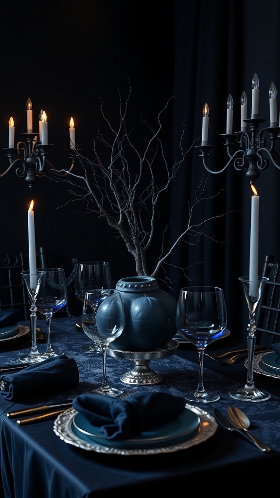 Halloween table setting with midnight blue and silver palette, featuring a blue vase, candles, and elegant tableware.