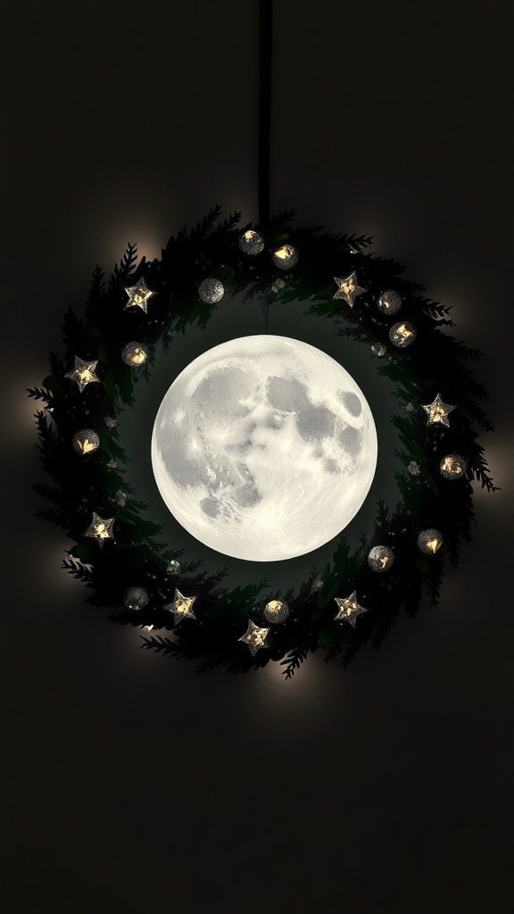 A Halloween wreath featuring a glowing moon at the center, surrounded by dark foliage and twinkling stars.