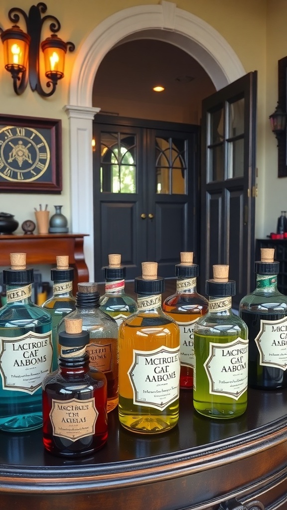 Colorful potion bottles displayed for Halloween decoration