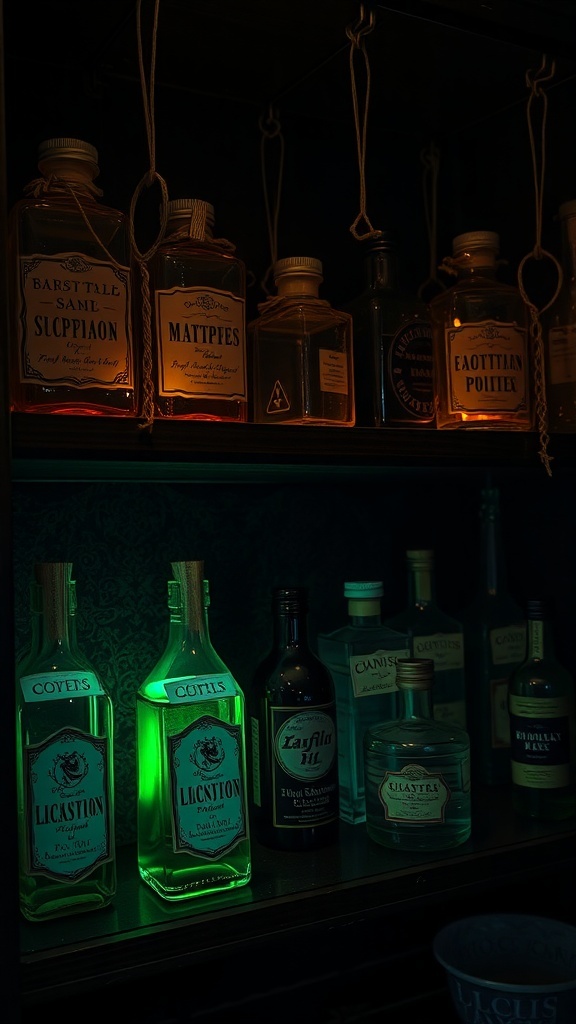 A collection of potion bottles with glowing and labeled designs, creating a mysterious atmosphere.