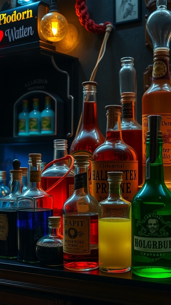 A collection of colorful potion bottles in various shapes and sizes, creating a mysterious atmosphere.