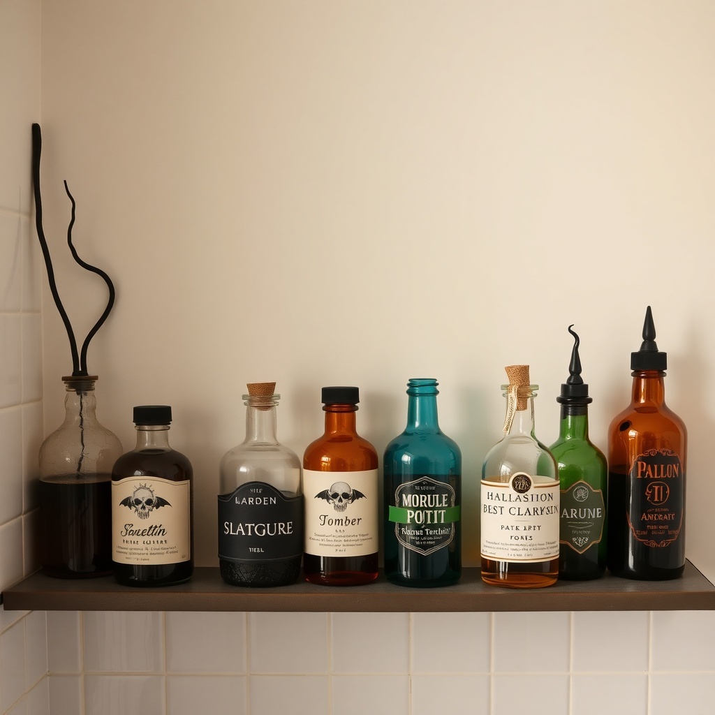 A collection of potion bottles on a shelf, featuring various colors and labels, creating a Halloween-themed display.