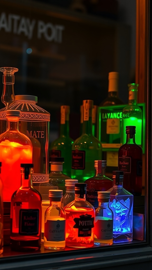 A collection of colorful potion bottles glowing in a Halloween window display.