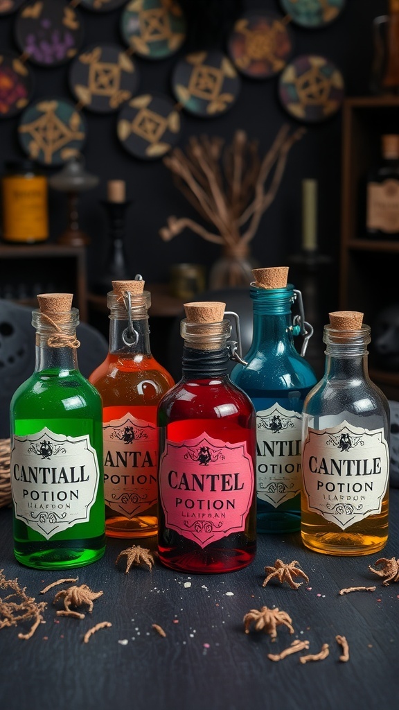 Colorful potion bottles in various shapes and sizes, labeled with whimsical names, set against a dark background.