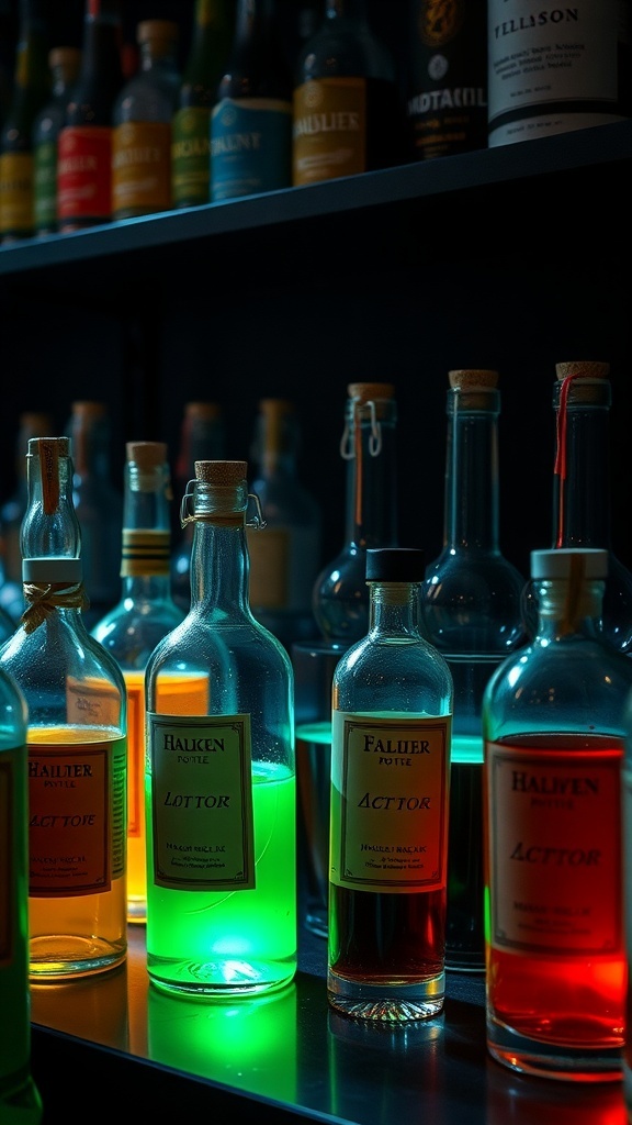 Colorful potion bottles glowing in the dark, showcasing a variety of vibrant liquids.