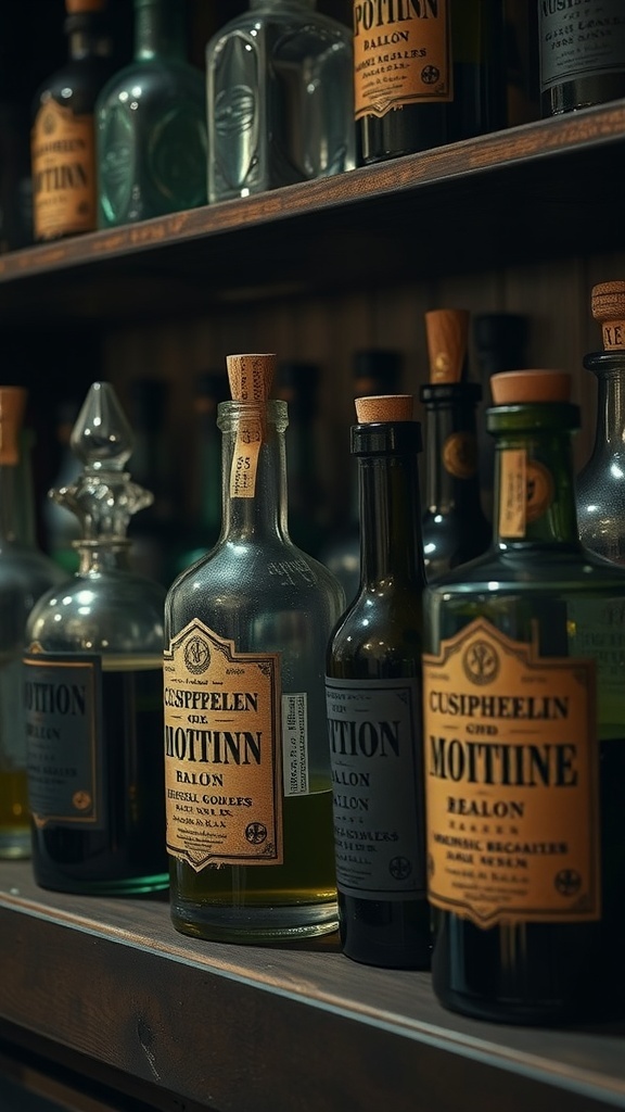 A collection of potion bottles with various labels and colors on a wooden shelf.
