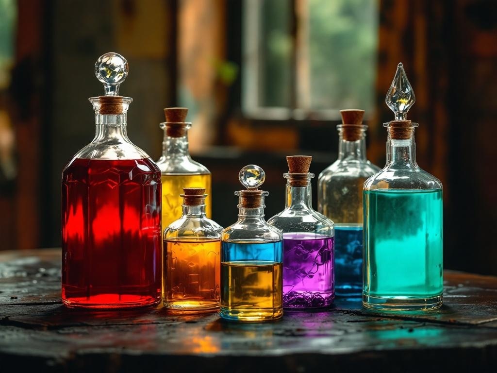 Colorful potion bottles in various shapes and sizes on a table