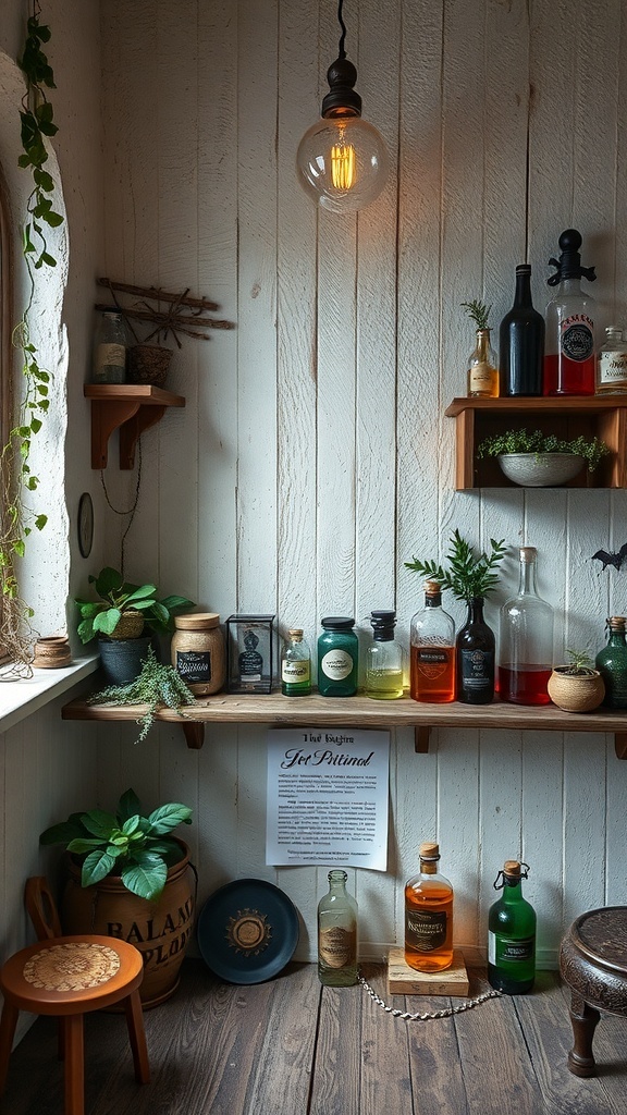 A cozy potion corner with shelves of colorful bottles, plants, and a warm light.