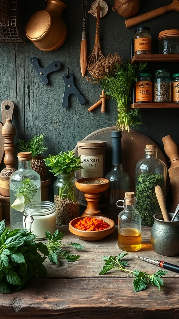 A cozy kitchen with various herbs and spices arranged on a wooden table, perfect for potion-making.