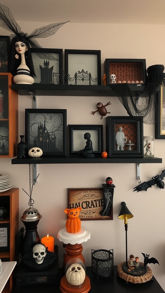 A decorated shelf featuring Halloween shadow boxes with pumpkins, bats, and spooky decorations.