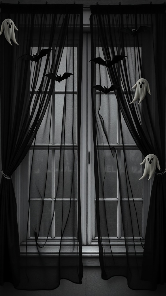 Black sheer curtains with ghost and bat decorations in a Halloween-themed room