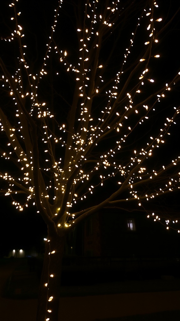 A tree adorned with warm white fairy lights against a dark background.