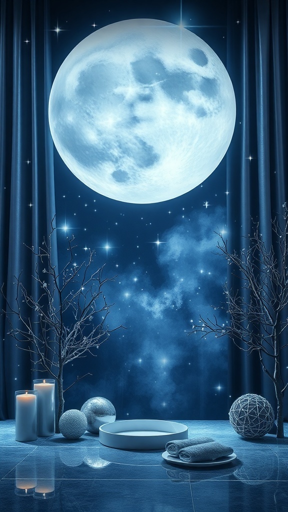 A serene moonlit decor setup featuring a large moon, stars, candles, and decorative spheres.