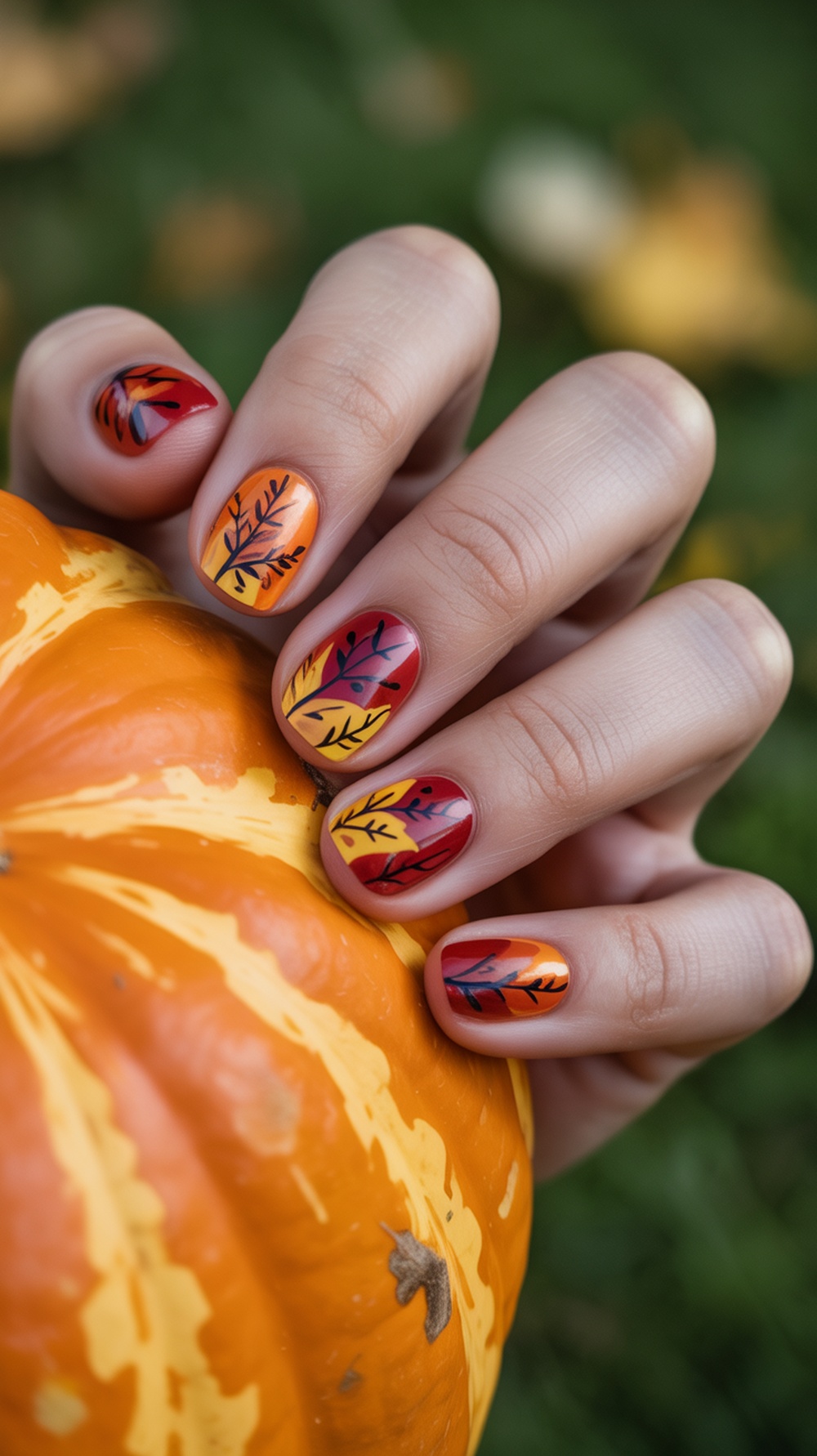 Close-up of hands with fall-themed nail art featuring leaves in warm colors, holding a pumpkin.