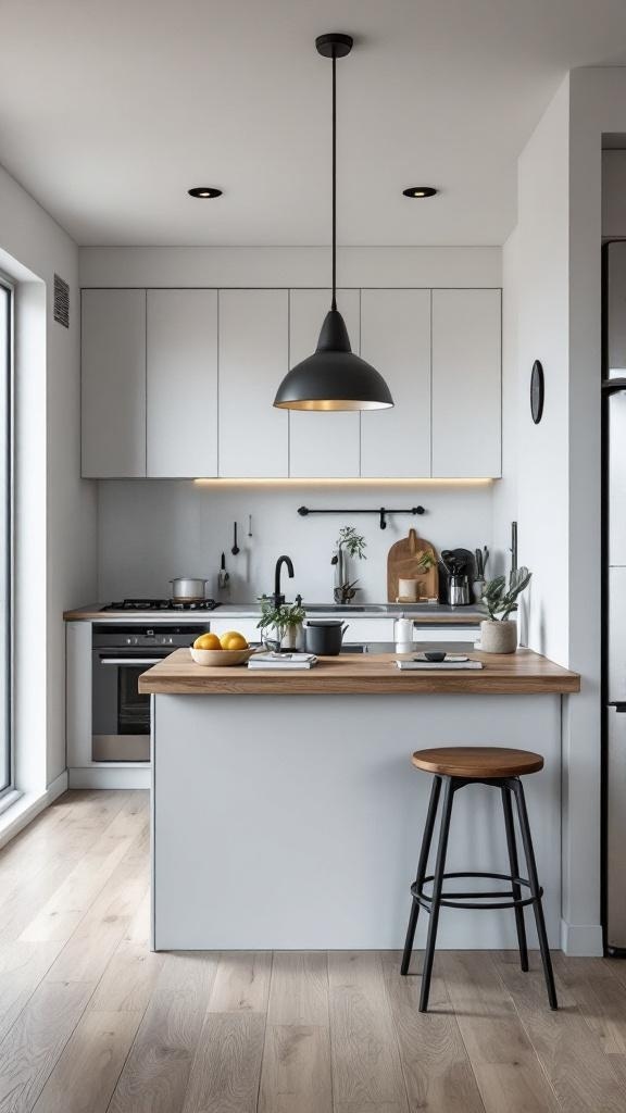 A modern kitchen featuring a narrow island with bar stools, a wooden countertop, and a sleek design.