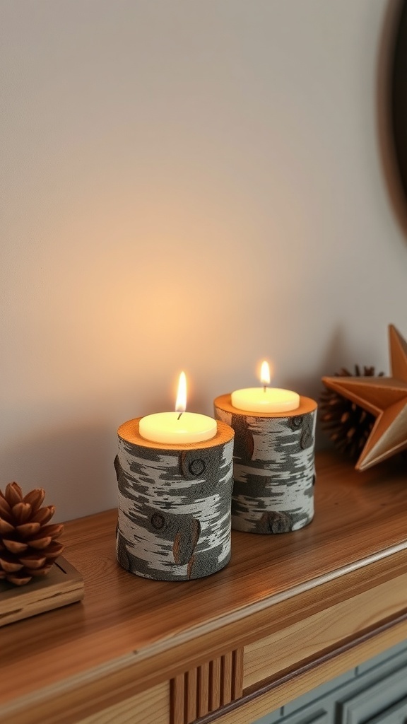 Two birch log candle holders with candles lit on a wooden surface, surrounded by pinecones and a star decoration.