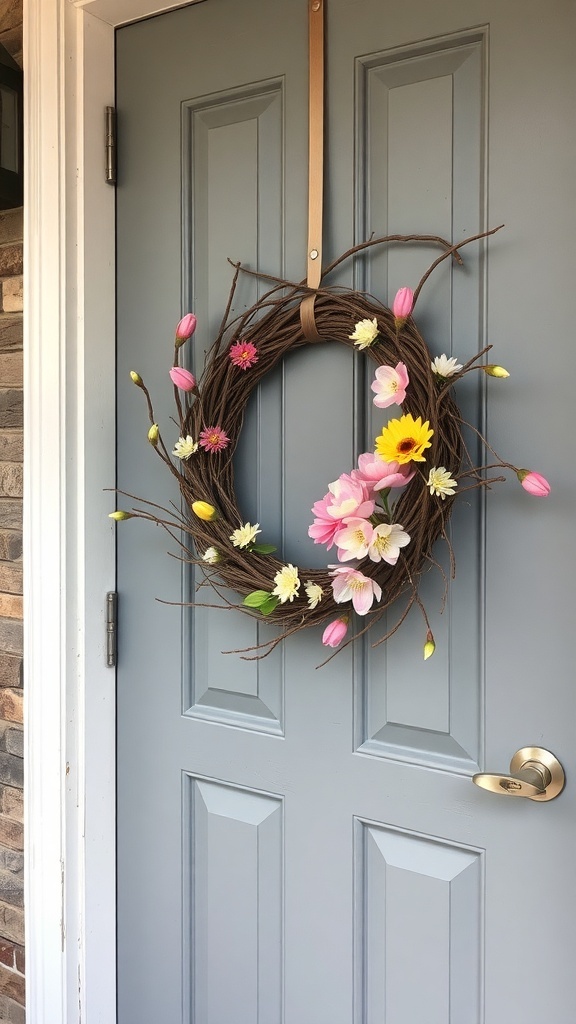 A natural branch wreath adorned with colorful flowers hanging on a blue door.