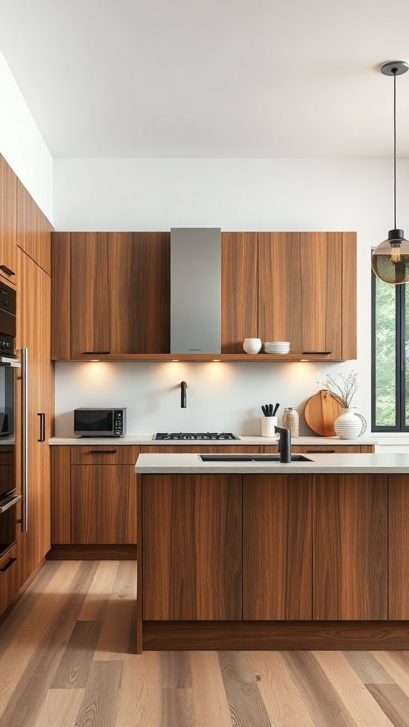 A modern kitchen featuring natural brown wood cabinetry and sleek countertops.