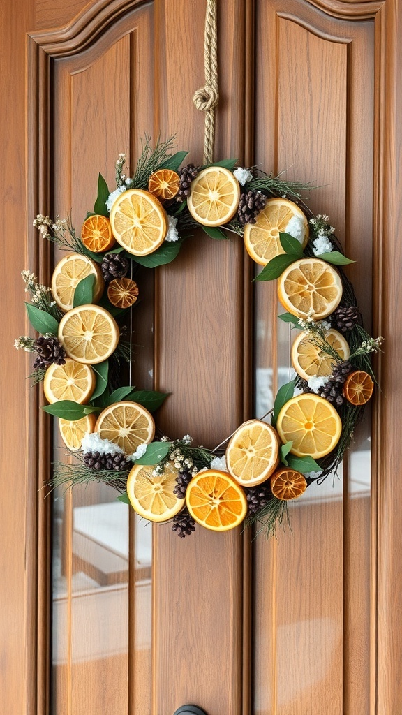 A winter wreath featuring dried citrus slices and greenery, hanging on a wooden door.
