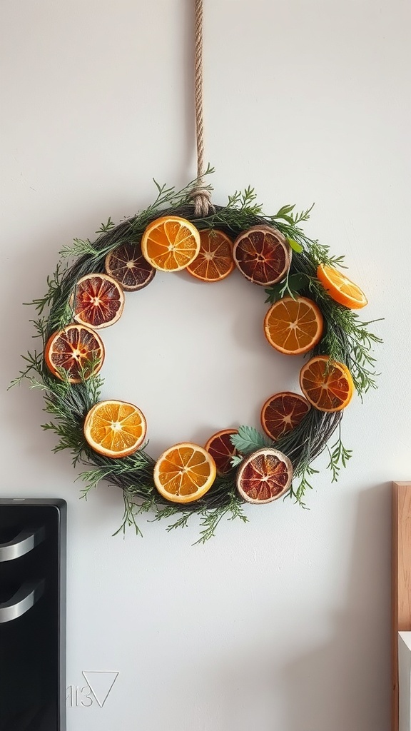A winter wreath made with dried citrus slices and greenery.