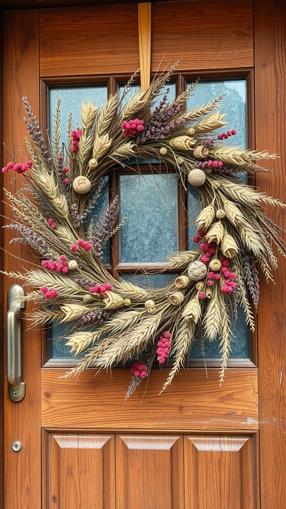 A natural dried floral wreath with wheat, berries, and decorative elements on a wooden door.