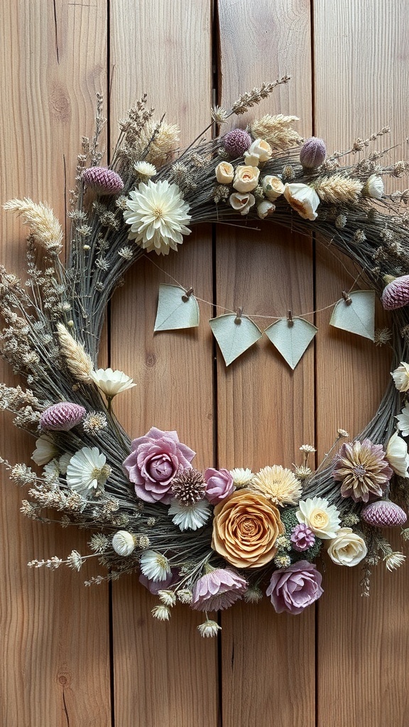 A beautiful natural dried flower wreath featuring various flowers and textures on a wooden background.