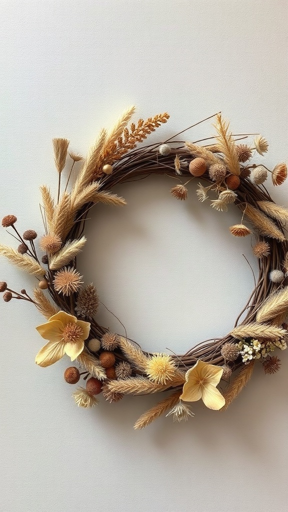 A winter wreath made of natural dried flowers and grasses.