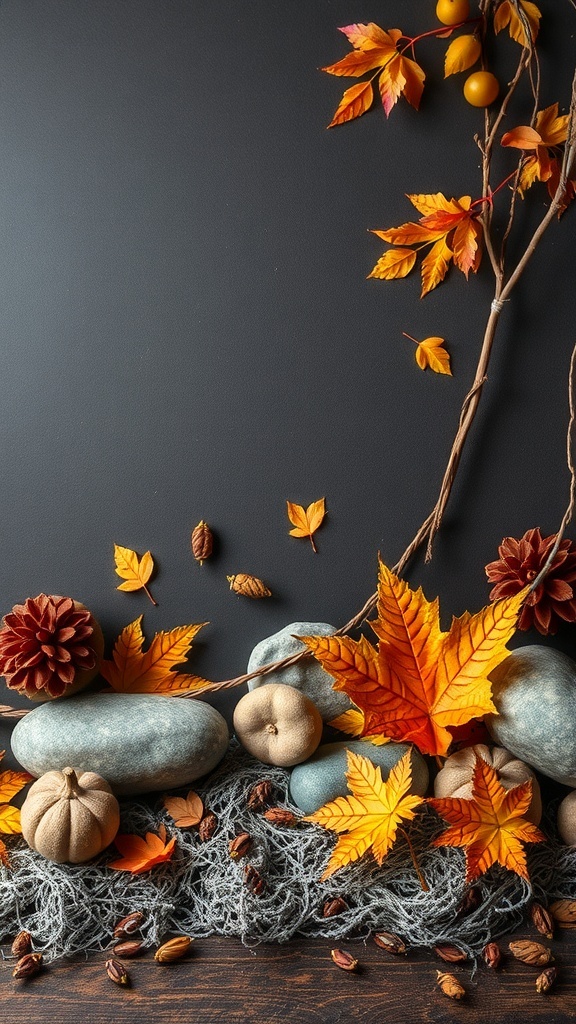 A fall porch decoration featuring colorful leaves, pumpkins, stones, and pinecones.