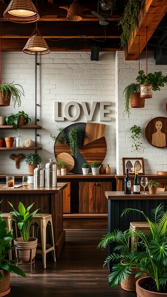 A rustic bar with wooden elements and plants, creating a natural decor theme.