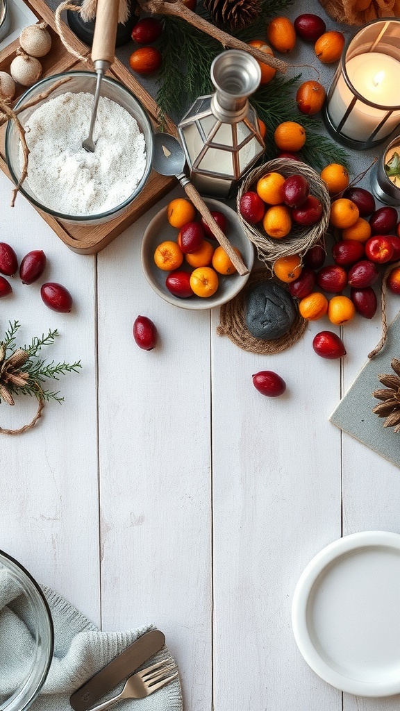 A winter table decor featuring fruits, pinecones, and greenery.