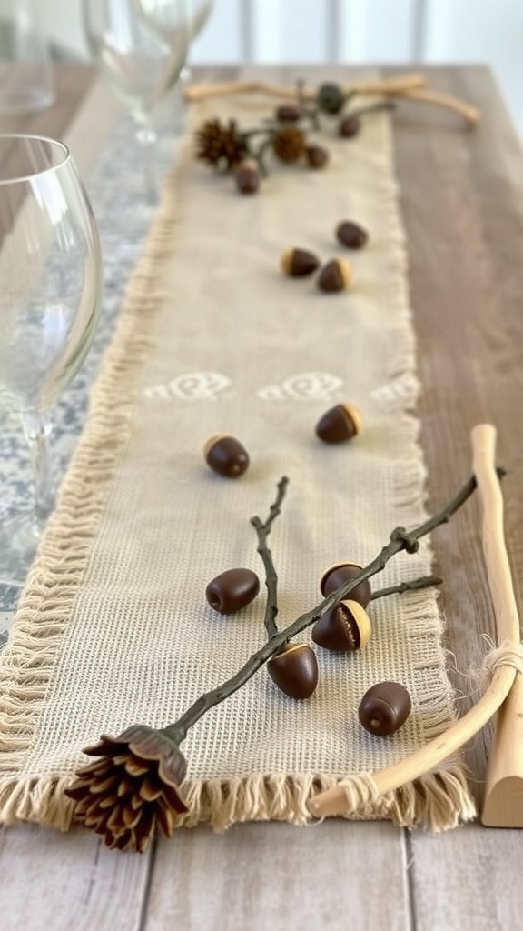 A burlap table runner with decorative twigs and gourds on a wooden table.