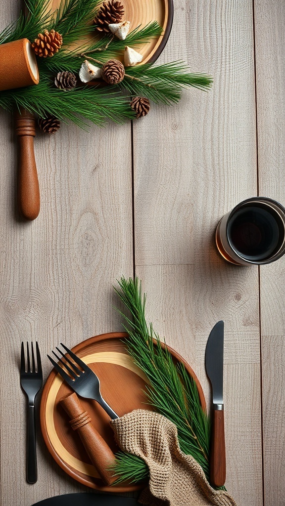 Woodsy Christmas table setting with pine branches, pine cones, and wooden plates.