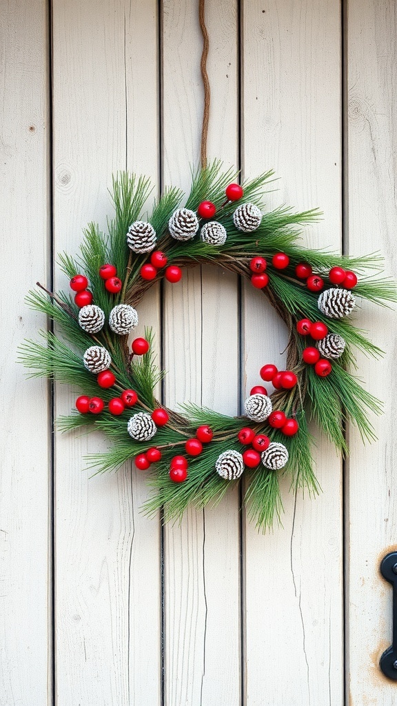 A wreath made of pine branches, pinecones, and red berries hanging on a wooden wall.