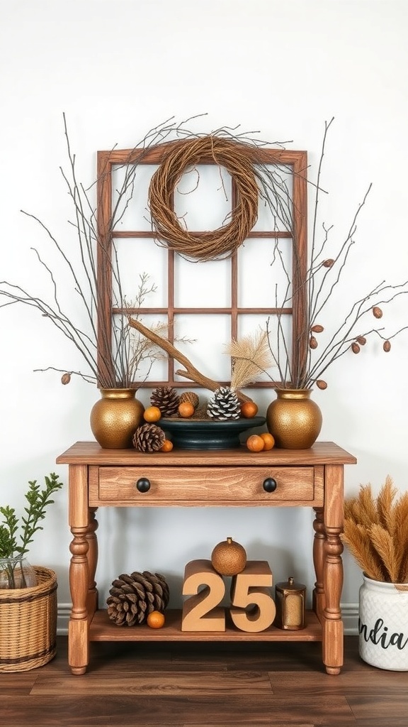 A wooden entry table decorated with natural elements for fall, featuring vases with twigs, pinecones, and a rustic window frame.